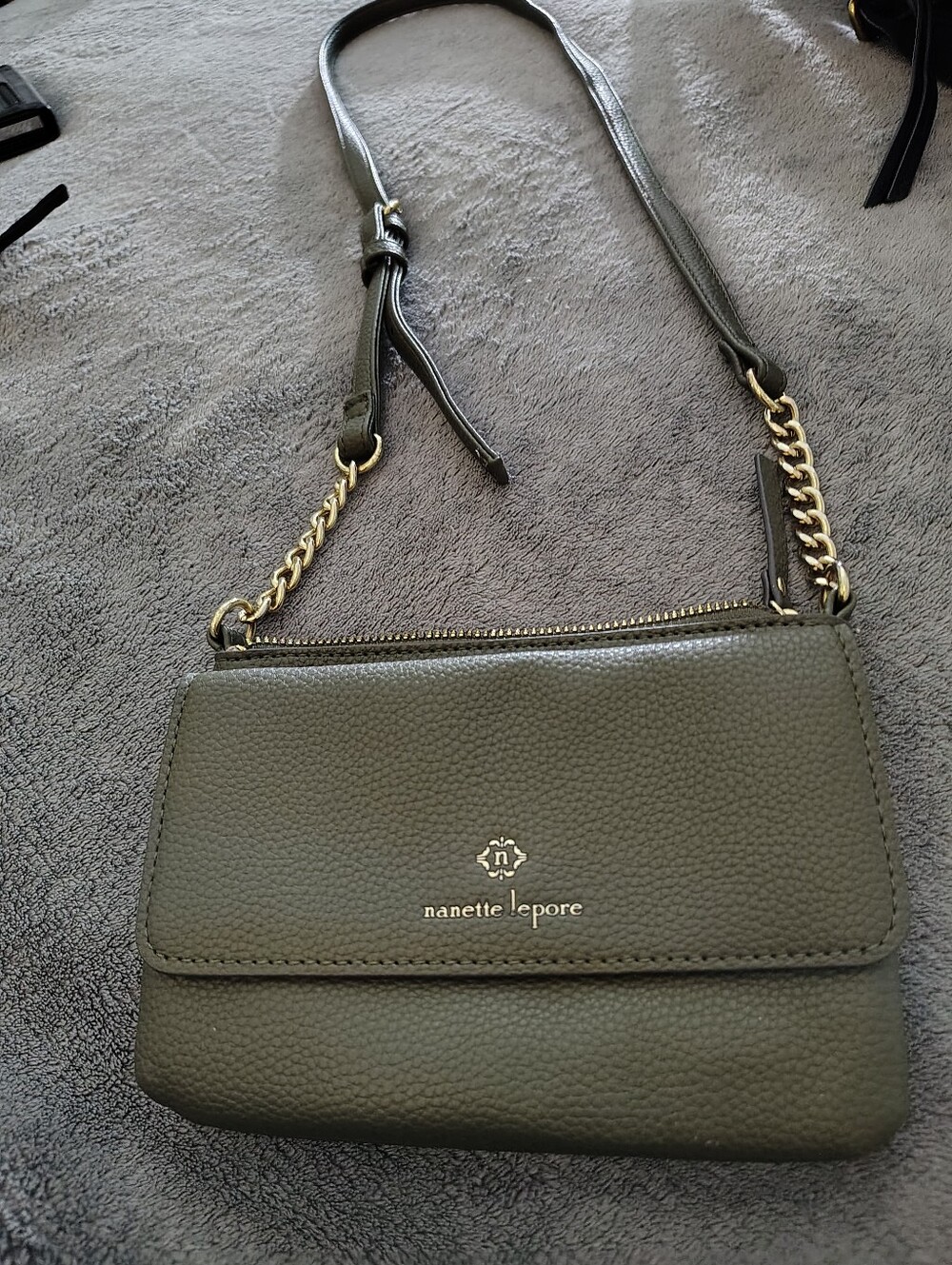 Nanette Lepore Olive Pebbled Leather Crossbody with Gold Chain
